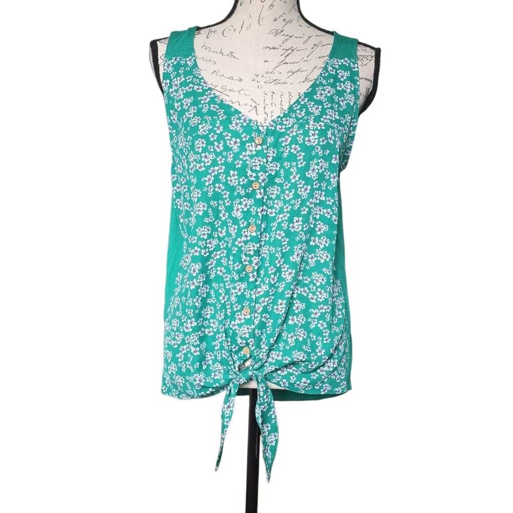 Fortune & Ivy Women's Size Large Green Purple Floral Button Down Front Knot Top